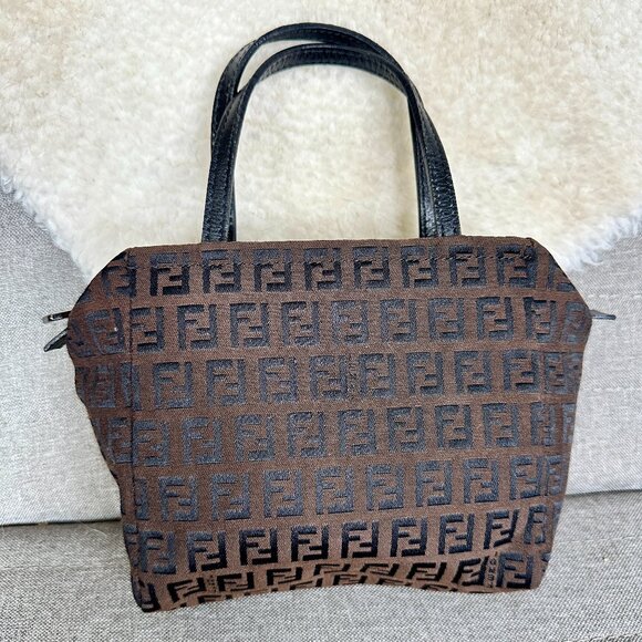 Authentic FENDI Zucca Hand Bag Pouch Purse Canvas Leather Brown and BLACK Purse - Picture 1 of 13